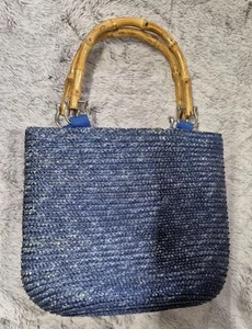 St John's Bay Small Blue Woven Handbag Bamboo Look Handles Purse - Picture 1 of 7
