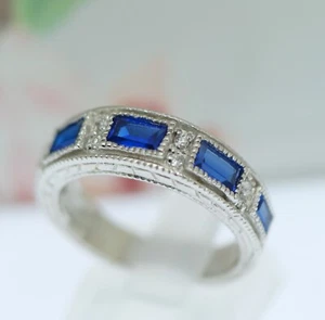 Estate Vintage Jewellery St Silver Band Blue White Sapphires Jewelry Size P1/2 - Picture 1 of 6