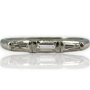 Antique Art Deco 900 Platinum and Baguette Diamond Wedding Band Stackable Ring - Picture 1 of 6