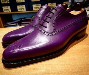 Men's Handmade Genuine Purple Leather Oxford Lace Up Brogue Formal Dress Shoes - Picture 1 of 5