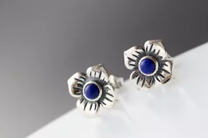 D10 Orecchini A Bottone Lapislazzuli Blu Fiore 925 Argento Sterling - Foto 1 di 3