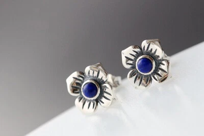 D10 Orecchini A Bottone Lapislazzuli Blu Fiore 925 Argento Sterling - Immagine 1 di 3