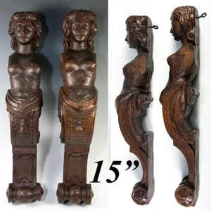 Antiguo PAR de Figuras Cariátides de Madera Tallada, 15" de Alto, Gabinete o Arquitectónicas - Imagen 1 de 7