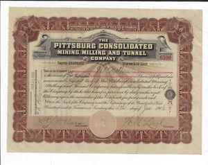 COLORADO 1908 Pittsburh Consolidated Mining Milling & TunnelCo Stock Certificate - Picture 1 of 2
