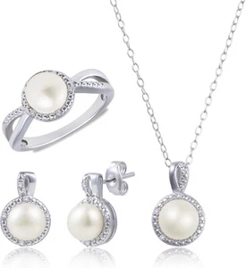 MAX + STONE Sterling Silver Pearl Jewelry Set with Diamonds - Picture 1 of 14