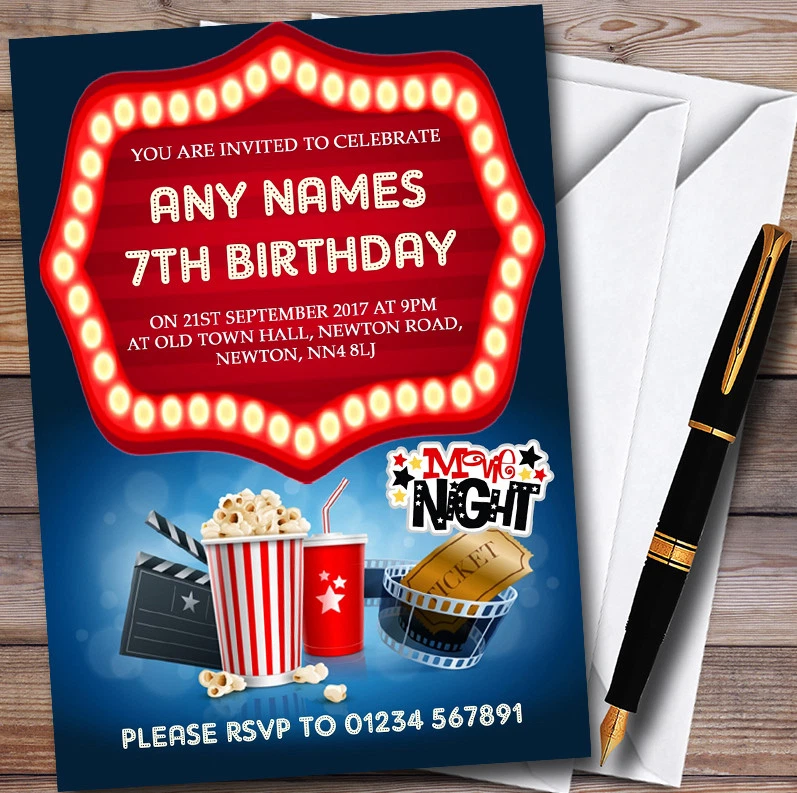 THECARDZOO Blue Film Movie Cinema Night Personalised Childrens Birthday Party Invitations