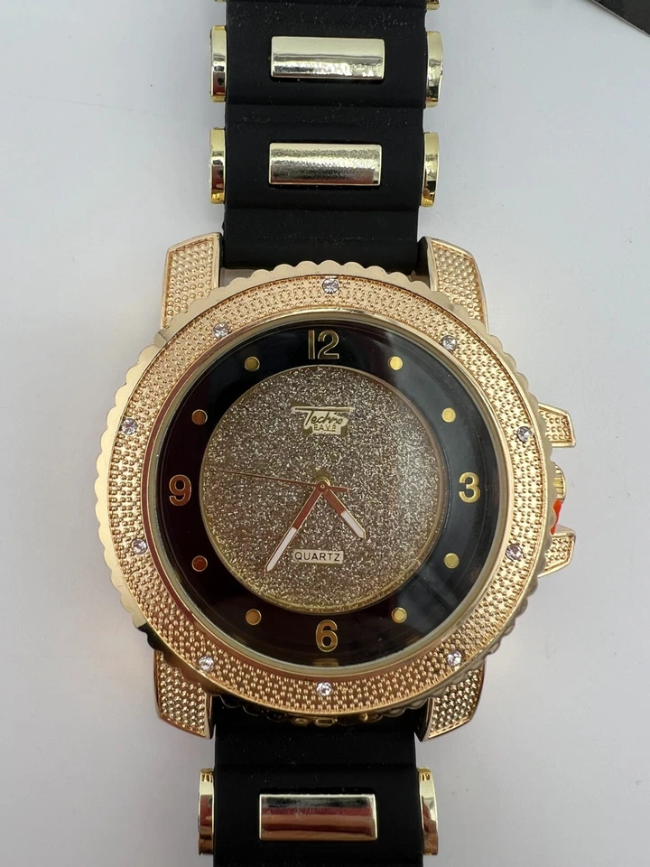 Techno Pave Reloj de Cuarzo Correa Negra Cara Tonificada Dorada Reloj Resistente al Agua Foto 1 de 4