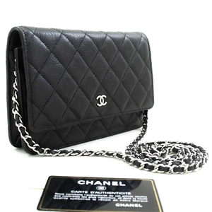 p60 CHANEL Authentic Grained Calfskin Wallet On Chain WOC Black Shoulder Bag - Picture 1 of 21