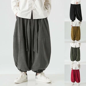 Men Harem Pants Loose Elastic Waist Large Pockets Design Hippie Yoga Drop Pants - Picture 1 of 39