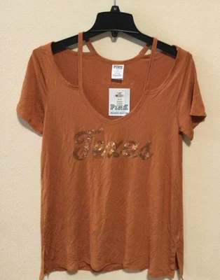 NEW Victoria’s Secret Pink Cold Shoulder Shirt Top TEXAS Bling XSmall Oversize - Изображение 1 из 4