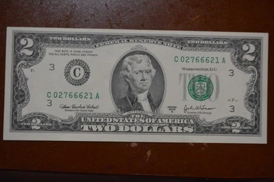 2003 A Two Dollar Bill $2 Federal Reserve Note  SERIAL NUMBER #C02766621 A - Image 1 of 2