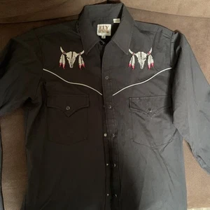 Ely Cattleman Shirt Mens S Black Long Sleeves Skull Emboridered Western Cowboy - Picture 1 of 14
