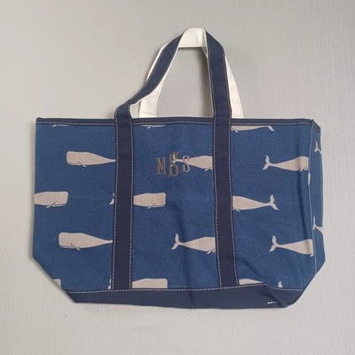 LL Bean Boat & Tote Canvas Bag Whales Print "MSS" Blue Vintage - Image 1 of 4