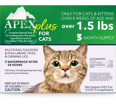 Средство от блох Apex Plus для кошек поставка 3 месяца, для кошек более 1,5 фунтов - Изображение 1 из 4