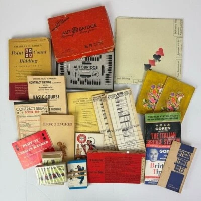 Vtg Bridge Card Game Lot tally sheets table cover sealed cards how to books mcm - Image 1 of 4