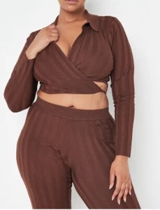 Missguided Size 20 Wrap Crop Top Co ord Rib Knit Collared Chocolate NEW - Picture 1 of 5
