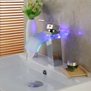 LED Waterfall Spout Bathroom Faucet Vanity Sink Mixer Taps Single Hole Mounted - Picture 1 of 9