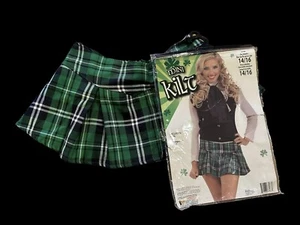 School Girl Mini Skirt - Kilt - Green Plaid Costume - Adult One Size Up To Sz 14 - Picture 1 of 3