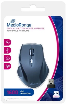 Mediarange Funk Maus optisch kabellos 5 Tasten optical 1600 dpi schwarz MROS203 - Bild 1 von 3