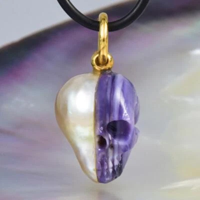 Skull IN Süd See Perle Anhänger Geschnitzter Lila Muschel Vermeil Sterling 5.79g - Bild 1 von 4