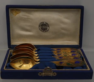 Vintage Russische 875 Silber Vergoldet Cloisonné Emaille Löffel Box Set 6 - Bild 1 von 12