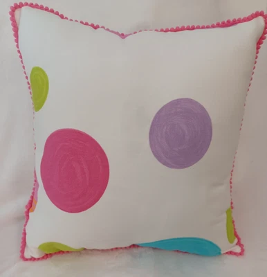 Handmade HAPPY CIRCLES Pillow w/Pom Pom Piping, Pink/Lime/Aqua, Cotton 14 x 14" - Image 1 of 2