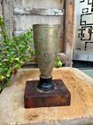 Antique Brass Floral Etched Wine Goblet Mounted on Wooden Block Decorative Glass