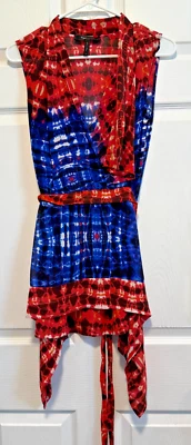 BCBGMAXAZRIA Top Camisa M 8 Busto 38 Largo 28 Azul Rojo Blanco Cuadros Seda Corbata Trasera Foto 1 de 2