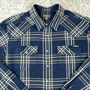 Eddie Bauer Flannel Shirt Mens XXLT Plaid Western Pearl Snap XXL Tall Blue Olive