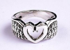 925 Sterling Solid Silver Heart With Wings Ring Unisex Casual Wear Ring For Gift