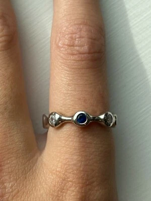 GORGEOUS LAB CREATED BLUE SAPPHIRE & CZ BAMBOO DESIGN 925 SILVER RING SIZE 7.5 - Image 1 of 4