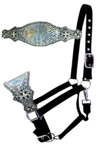 BRONC HALFTER Nylon mit Metallic SILBER SCHLANGENHAUT Kristall Conchos Silber Perlen - Bild 1 von 1