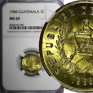 Guatemala Brass 1988 1 Centavo NGC MS65 GEM BU COIN KM# 275.3 (001) - Picture 1 of 5