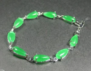 Genuine Green Jade Teardrop Cabochon Beads 18KGP Link Clasp Bangle Bracelet - Picture 1 of 3