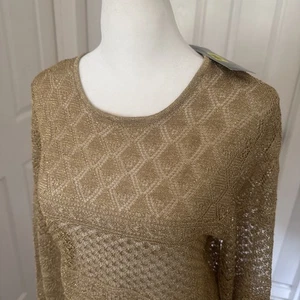 NWT L Ralph Lauren Womens Metallic Gold Mesh Open Knit Sweater Top Holiday Pt/L - Picture 1 of 9