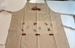 Primatives By Kathy Christmas Apron Beige Linen Blend Embroidered Festive NWT - Picture 1 of 9