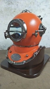 Antique Mark V Orange Diving Helmet US Navy Marine Scuba Divers Helmet W/Base - Picture 1 of 6