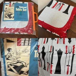 Vtg Picnic Table Retro Kitschy BBQ Fringe Tablecloth & Bench Covers 3 PC NEW NOS - Picture 1 of 8
