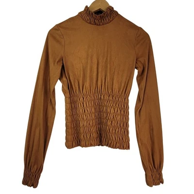 VTG Plein Sud Brown Faux Suede Smocked Waist Mock Neck Long Sleeve Top Size 36/4 - Photo 1/4