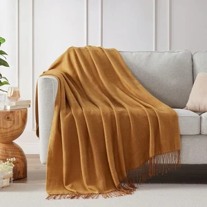 BOURINA Herringbone Throw Blanket Two Tone-125 x 152cm,Gold - Picture 1 of 4