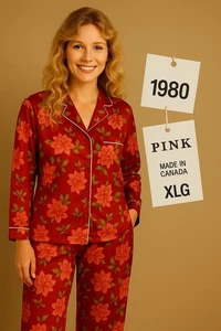 Vintage 1980s Pink K Red Floral Satin Pajama Set XL Canada Made Button Top Pants - Picture 1 of 7