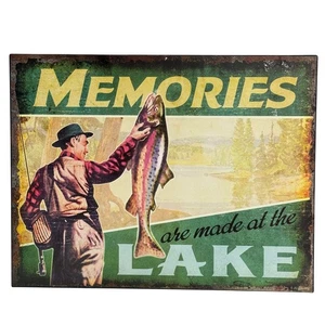 Letrero de metal estilo vintage que los recuerdos se hacen en el lago arte de trucha pescador * - Imagen 1 de 6