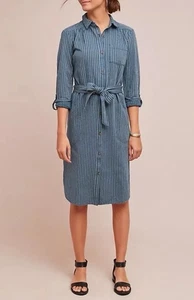 Anthropologie Bellamy Linen Shirt Dress Sz 12 Button Up Blue Striped Long Sleeve - Picture 1 of 13