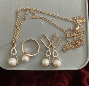 18k Rose Gold Plated Natural Zircon Pearl Earrings Necklace Ring 8 Jewelry Set - Picture 1 of 12