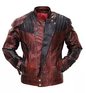 GUARDIANS OF THE GALAXY STAR LORD CHRIS PRATT DISTRESSED MAROON LEATHER JACKET - Picture 1 of 5
