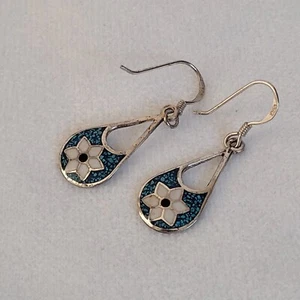 Pendientes lágrima flor incrustación plata esterlina México suroeste azul blanco - Imagen 1 de 5