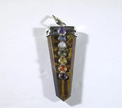 Colgante de 7 chakras ojo de tigre natural punta de piedra preciosa cristal curación Reiki Foto 1 de 4