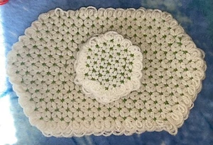 Vintage 12 pc White And Green Handmade Crochet Table 6 Placemats And 6 Coasters - Picture 1 of 13