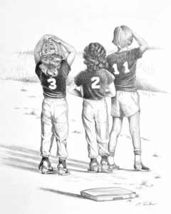 LITTLE LEAGUE PLAYERS, CHILDREN B/W DRAWING Art Print by P. Tarlow - Picture 1 of 3