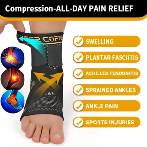 Copper Ankle Brace Support Foot Compression Sleeve Arthritis Tendonitis Sport - Picture 1 of 17